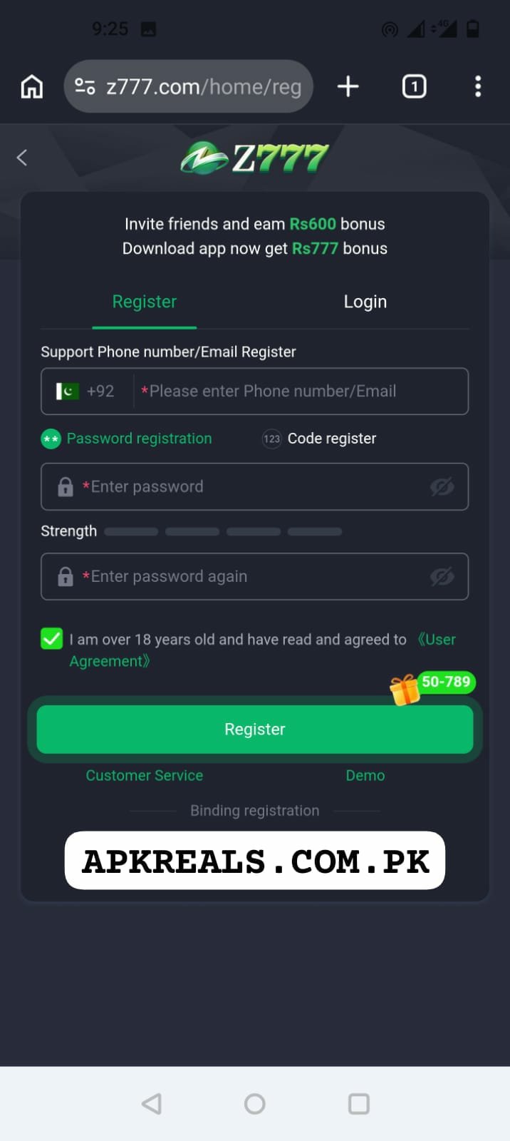 Register on Z777 Game